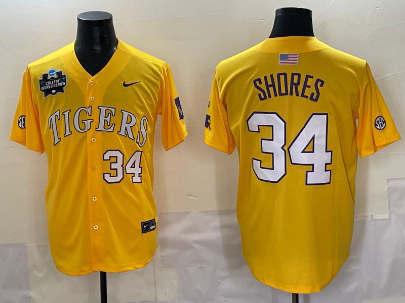 Men 2025 LSU Tigers 34 Shores Yellow Nike Joint Name Nike NCAA Jersey style 7